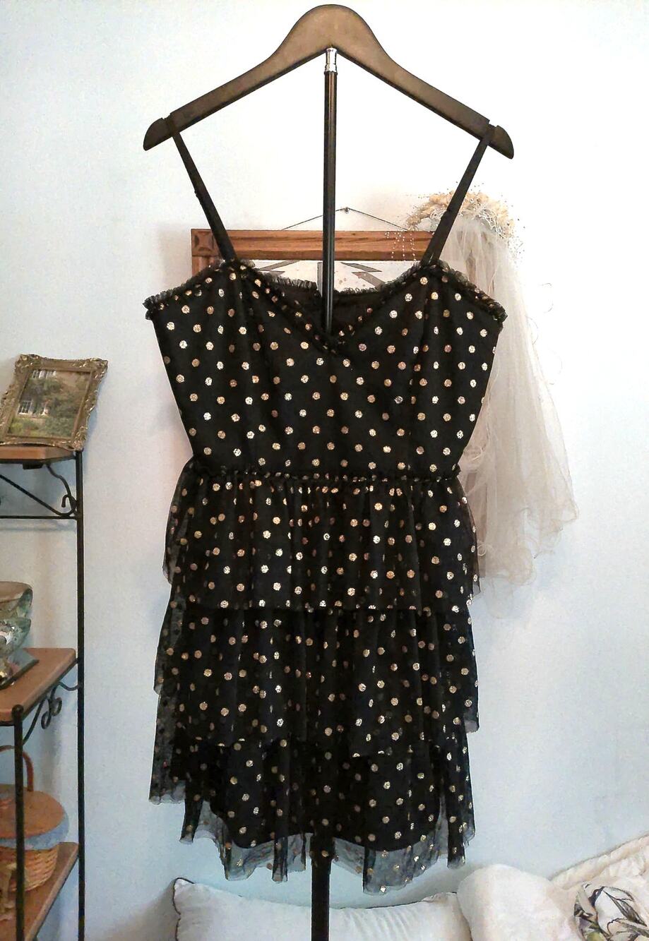 Lulus Twinkle of My Eye Black Gold Metallic Polka Dot Tiered Mesh Mini Dress
